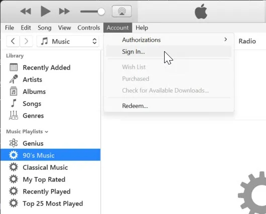 در پنجره iTunes، به "Account" در نوار menu بروید و روی "Sign In" کلیک نمایید.
